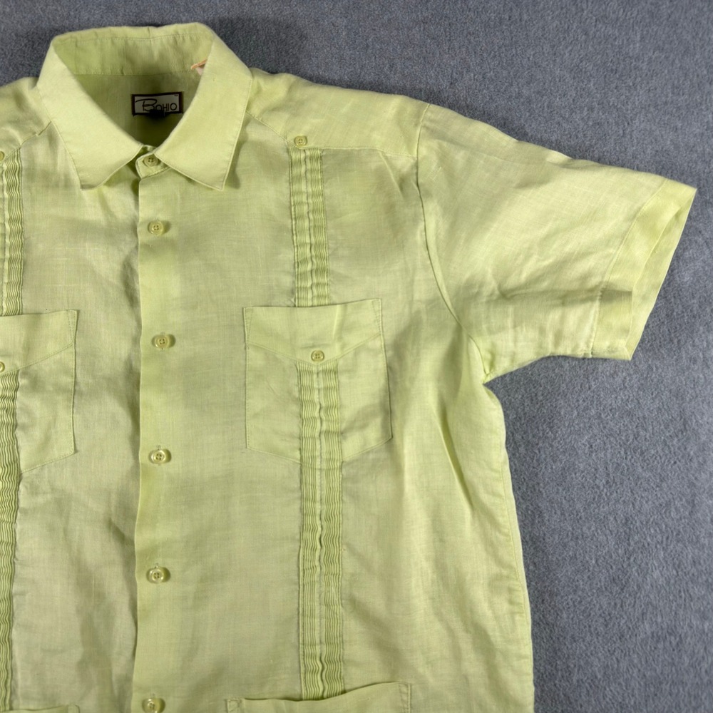 BOHIO 100% Linen Guayabera Shirt Men's L Green Cuban Mexican Wedding Beach